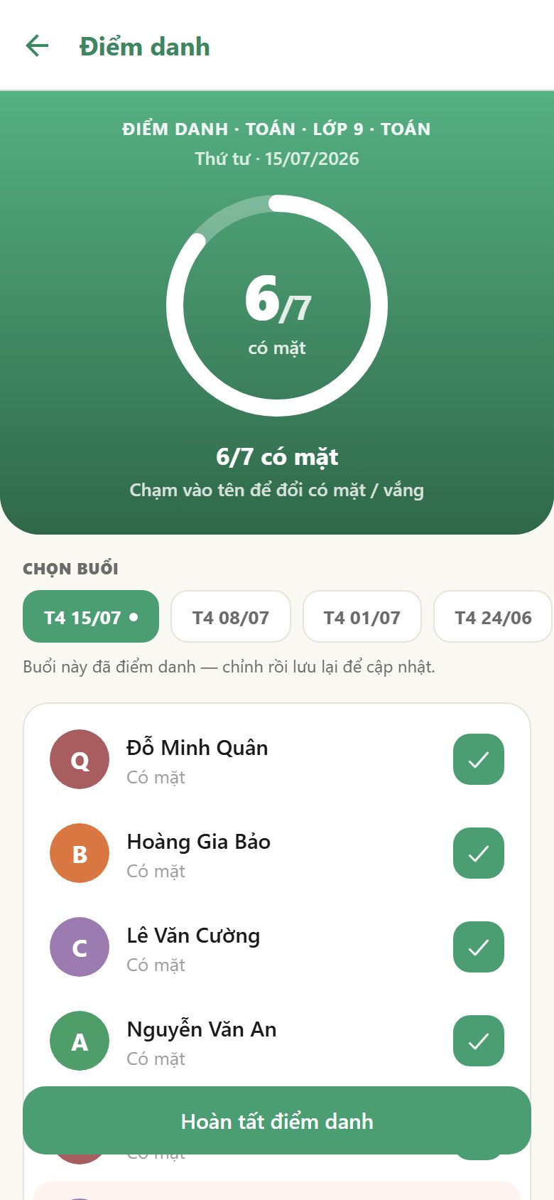 Màn điểm danh của GieoChữ: vòng 6/7 có mặt, chạm tên để đổi trạng thái