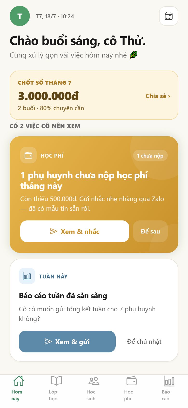 Màn hình Hôm nay của GieoChữ: chốt sổ tháng và các việc cần làm